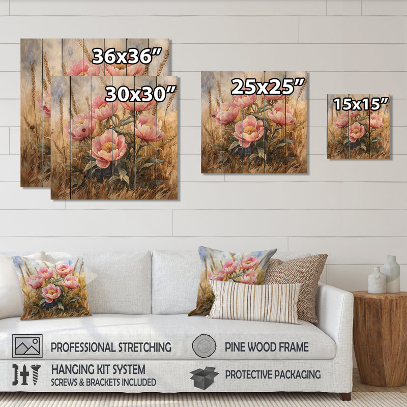 Pivoines dans le champ de blé I - Décoration murale en bois de pivoines - sur bois de pin naturel