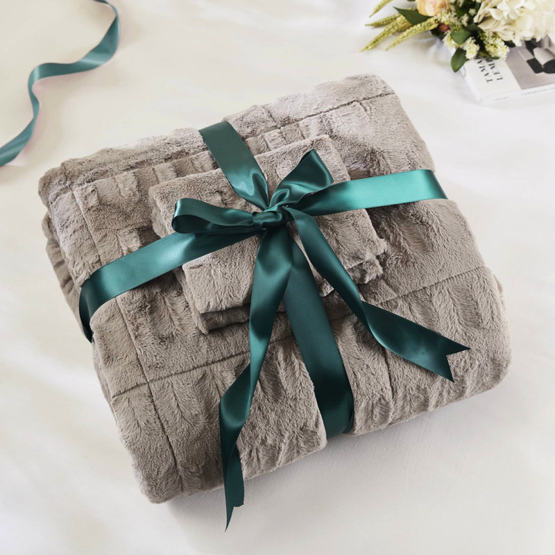 Édredon en fausse fourrure unie double / grand gris, 2 taies décoratives incluses, envers en vison doux, mini-édredon 3 pièces cousu de bout en bout, fourrure brossée élégante, lavage en machine séparément, perte de poils mineure attendue