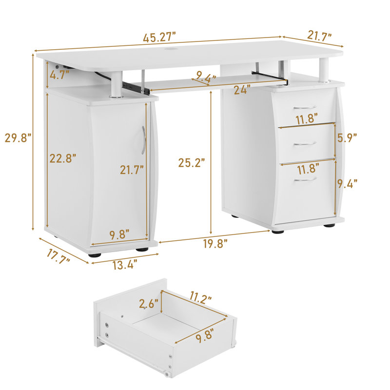 45.28in White Density Board with Embossed Melamine Laminated, One Door and Three Drawers Computer Desk