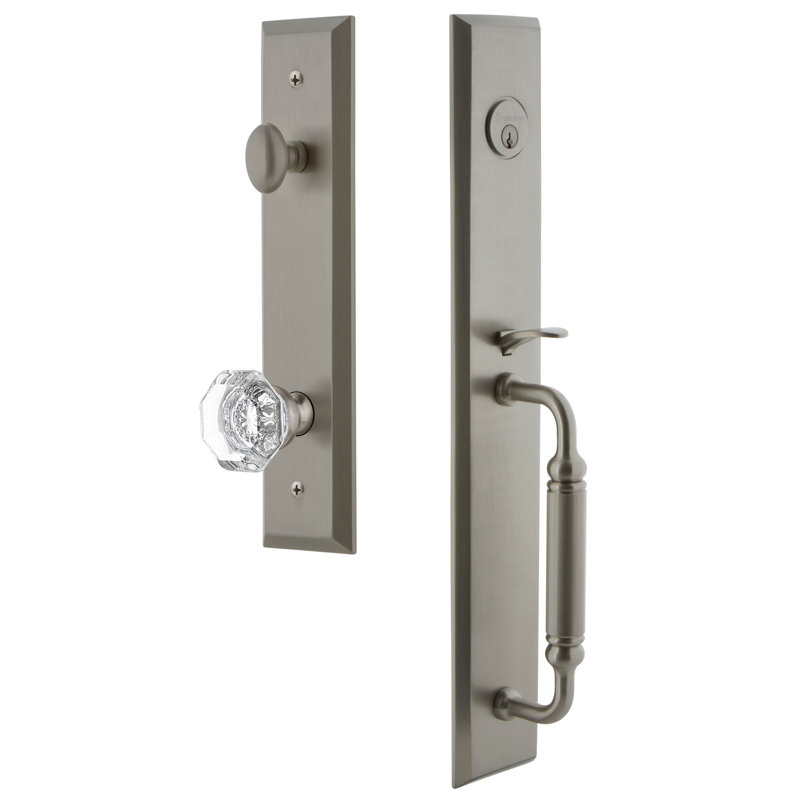 Fifth Avenue Handleset with Single Cylinder Deadbolt and Chambord Door Knob and Fifth Avenue Rosette, Satin Nickel, 2.375"