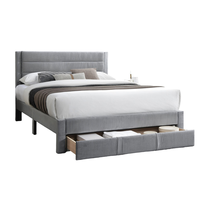 Grand lit moderne - Tête de lit en velours côtelé gris et bac de rangement sous le lit avec base de lit, Gris