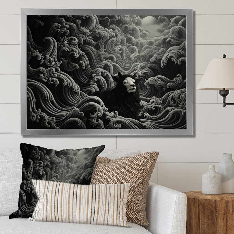 Portrait abstrait de chèvre noir et blanc III - Chèvre, art mural, Cadre de coin argenté fermé, H 16 po x l 32 po x P 1 po