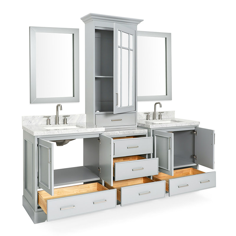 Stafford 85 " W Freestanding Standard 2 Double Vanity Bathroom Vanity With Carrara Marble Top with Mirror, Gray