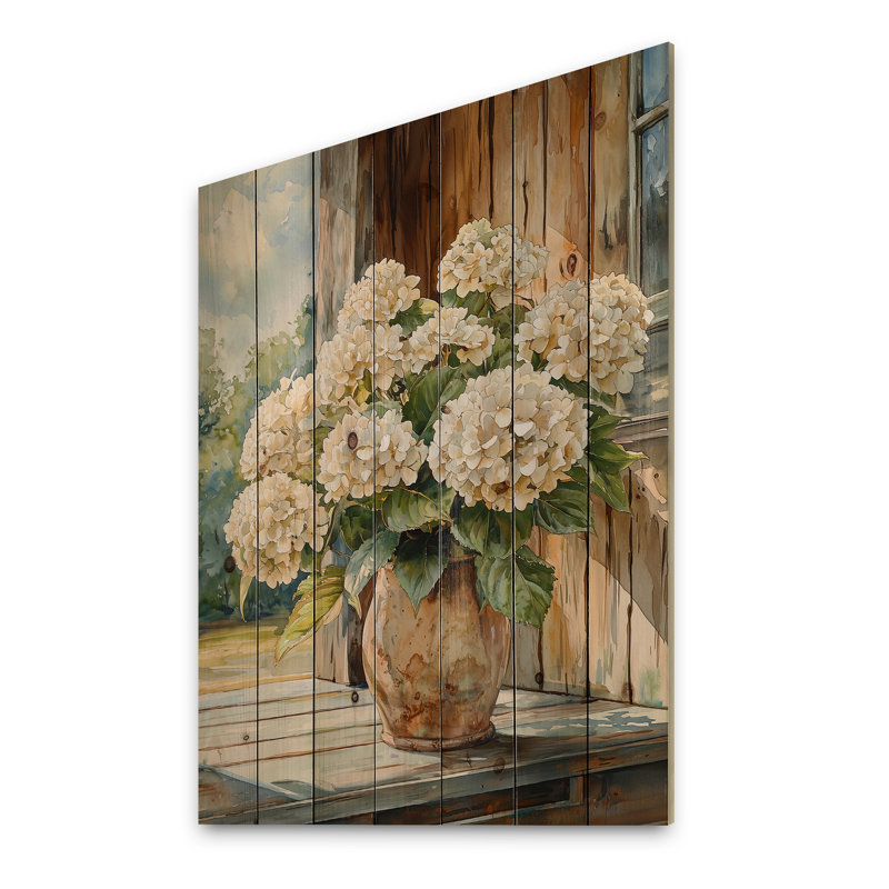 Farmand Hydrangeas Pot In The Summer Breeze - Hydrangea Wood Print - On Natural Pine Wood, H 40 po x l 30 po x P 0,78 po