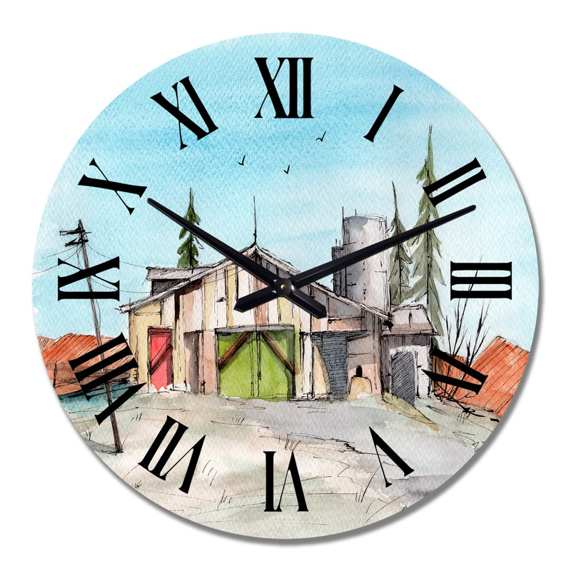 Horloge murale en bois avec grange en bois et porte verte, Grand