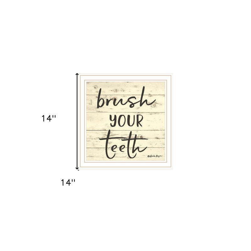 «Brush your T dents», art mural encadré blanc pour salle de bain