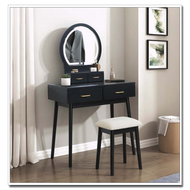Black Finish Vanity Dresser with LED Mirror, 4 Drawers and Stool, Black