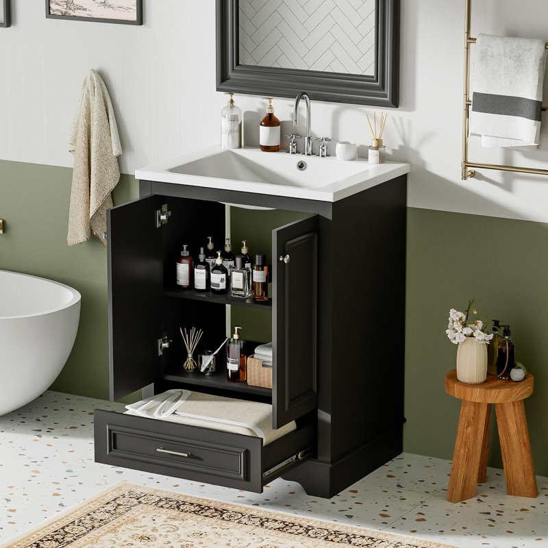 Meuble-lavabo 24 po avec lavabo en céramique, Noir / argenté