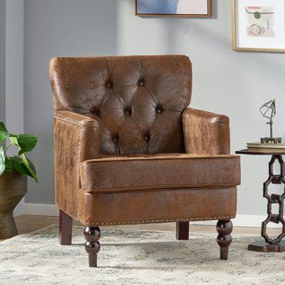 Chaise moderne en microfibre à boutons, brune, avec coutures en losange, garniture cloutée et pieds en bouleau
