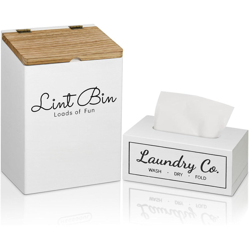 Lint Bin And Dryer Sheet Holder Set For Laundry Room, Farmhouse Wooden Lint Trash Can With Lid And Dryer Sheet Dispenser Box Magnetic For Mounting