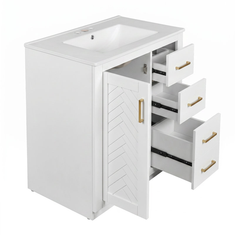 Ensemble de meuble-lavabo en bois massif 30 po + panneau de fibres à densité moyenne avec lavabo en céramique avec 3 tiroirs et portes à fermeture douce