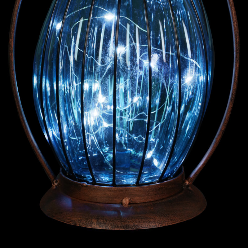 Exhart Solar Antique Metal and Glass Accent Lantern with Fifteen LED Fairy Firefly String Lights, 7 by 14", Blue