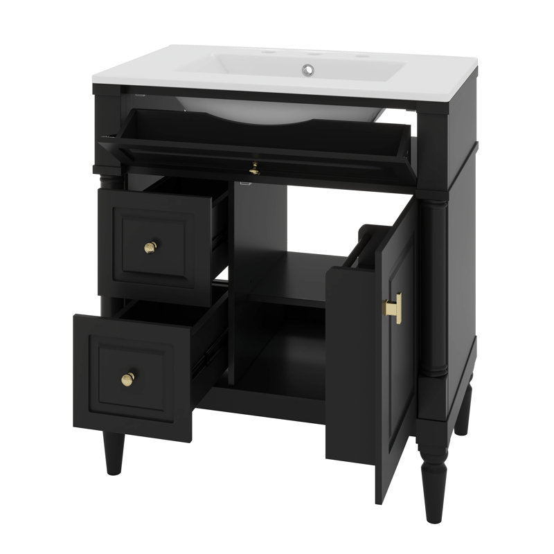 Meuble-lavabo de salle de bain avec lavabo en céramique, 2 tiroirs et rangement à porte rabattable, tablette réglable, Noir