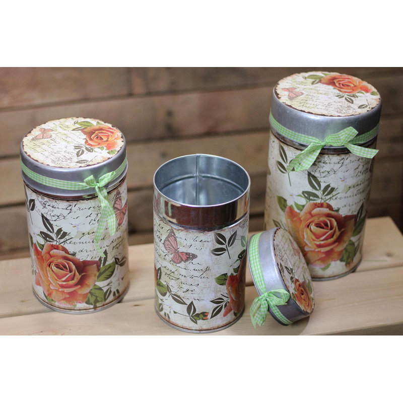 Ensemble de 3 pots en métal empilables vintage rose et papillons 7,5 "8,5" et 9,5 "