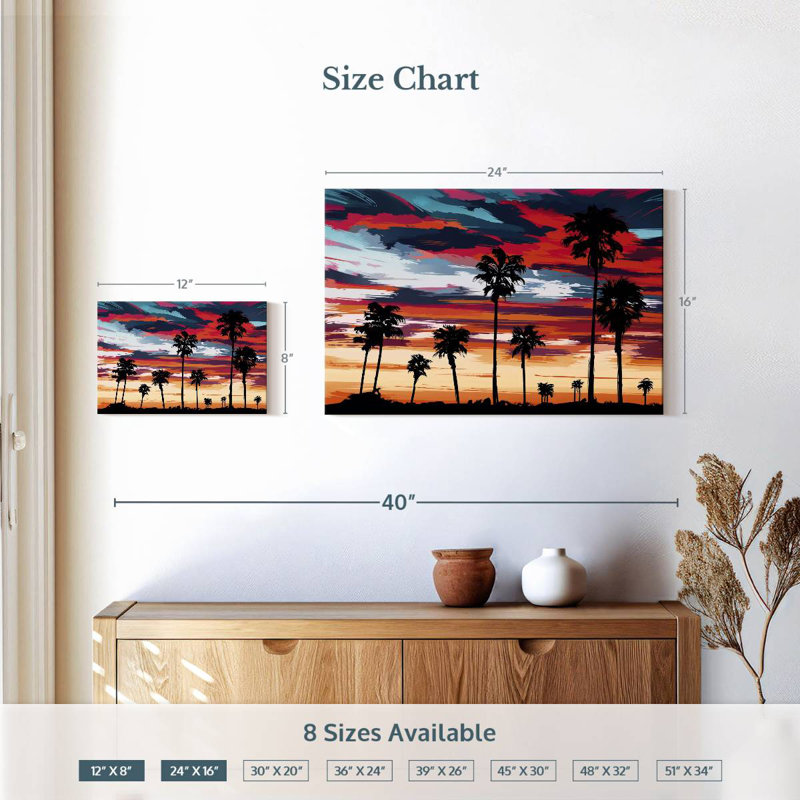 Silhouette de palmiers au coucher du soleil, H 16 po x l 24 po