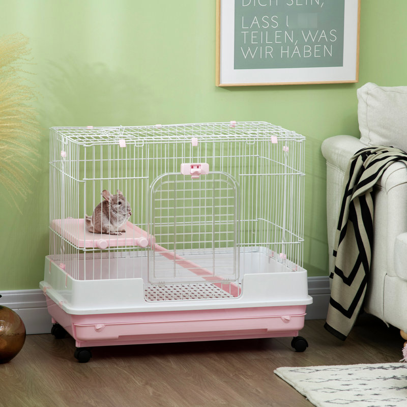 Maison pour petits animaux rose avec roulettes et plateau amovible pour l'hygiène des animaux, chinchillas, etc.