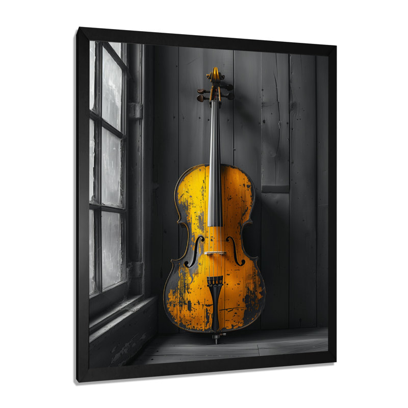 «Gray and Yellow Music Cello Chic - Music Jazz Wall Art, Cadre photo noir, H 30 po x l 40 po