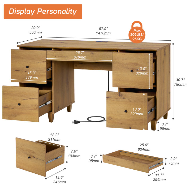 58" Executive Desk With 4 Drawers, Modern Farmhouse Home Office Computer Table With Charging Station, Keyboard Tray