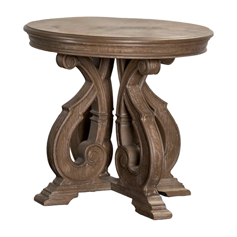 Table de bout Gia, plateau rond de 27 po, détails sculptés, bois massif brun