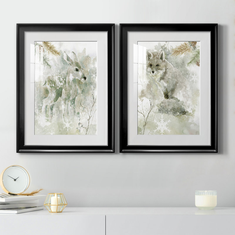 Winter Lodge Fawn - ensemble de 2 reproductions d'art, H 18,5 po x l 49 po x P 1,5 po, Papier encadré noir, Blanc
