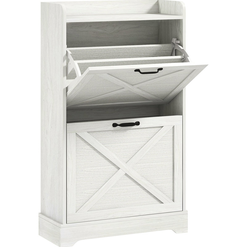 L'armoire de rangement pour chaussures d'entrée, inspirée de 2 tiroirs et de tablettes réglables, peut accueillir 8 paires, une commode blanche vieillie, un look caché