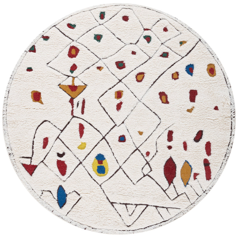 Kaloudis 922 Hand Tufted Wool/Cotton Abstract Indoor Use Only Rug in Ivory/Red, Round 6'