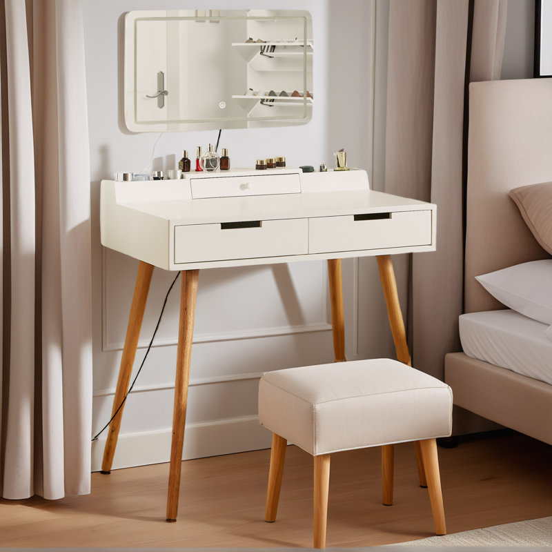 Meuble-lavabo blanc 31,5 po - 3 réglages de lumière, miroir amovible et 3 tiroirs