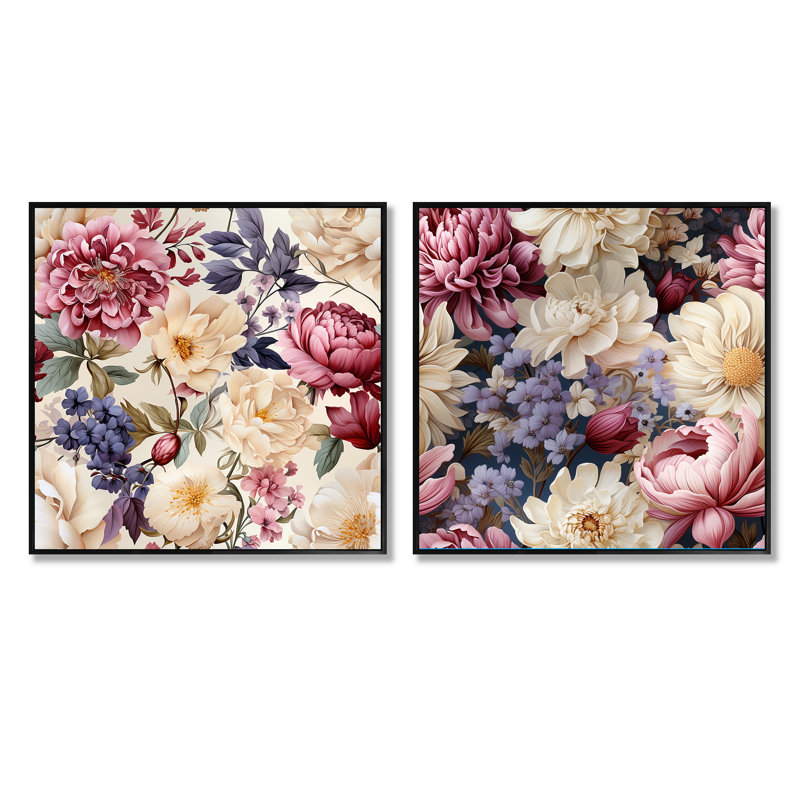 Hadden - Ensemble de 2 collages carrés floraux, Cadre flottant noir, H 16 po x l 33 po