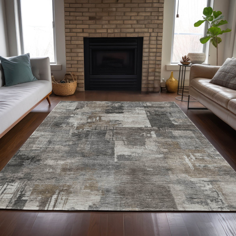 Machine Washable Indoor/Outdoor Xhevrie Pewter Rug, Rectangle 9' x 12'