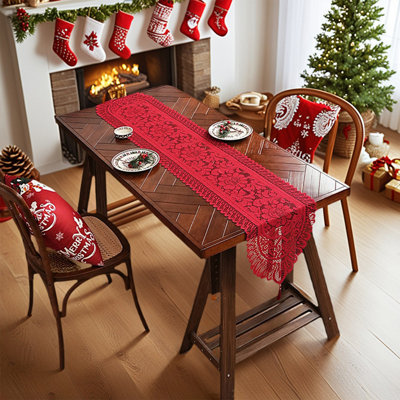 Lace Christmas Table Runner Red Festive Holiday Party Dining Table Coffee Table Decorative Table Mat Suitable For Indoor Outdoor Party Table Surfaces