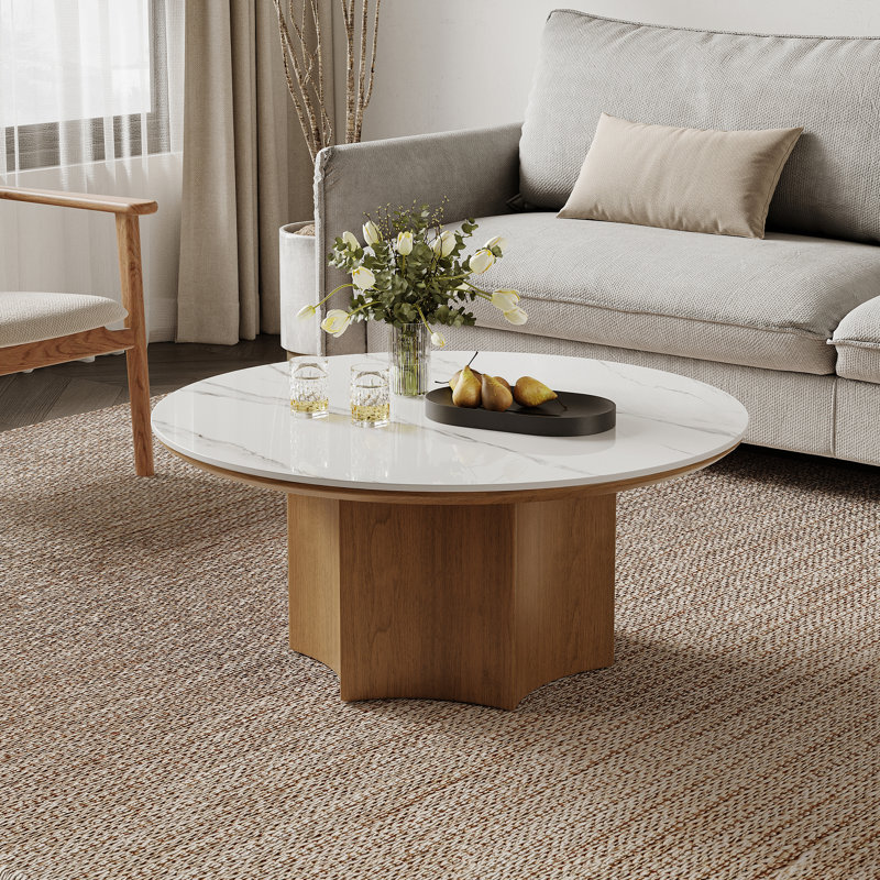 Table basse moderne Mid-Fentury, 35,43 po avec plateau en pierre frittée blanche, pieds en bois massif, Noyer