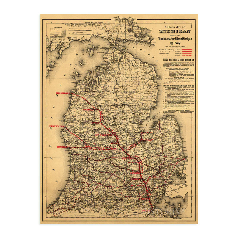 1886 Michigan Map, affiche sur papier, H 24 po x l 18 po x P 0,1 po