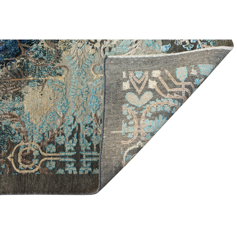 Hand Knotted Damask Area Rug in Blue/Gray/Black, Rectangle 9' x 12'