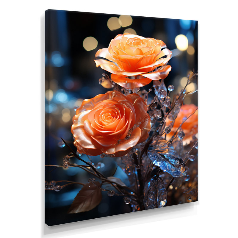 «Vibrant Orange Rose Morning Forest - Roses», reproduction d'art murale, H 44 po x l 34 po x P 1,5 po, Toile tendue