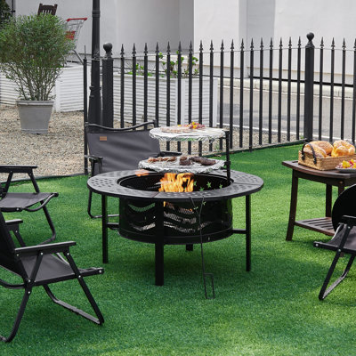 Foyer extérieur 36 po avec 2 barbecues - Foyer d'extérieur au bois avec couvercle et tisonnier, grand foyer rond en métal pour patio, cour arrière, pique-nique, camping, fête de feu