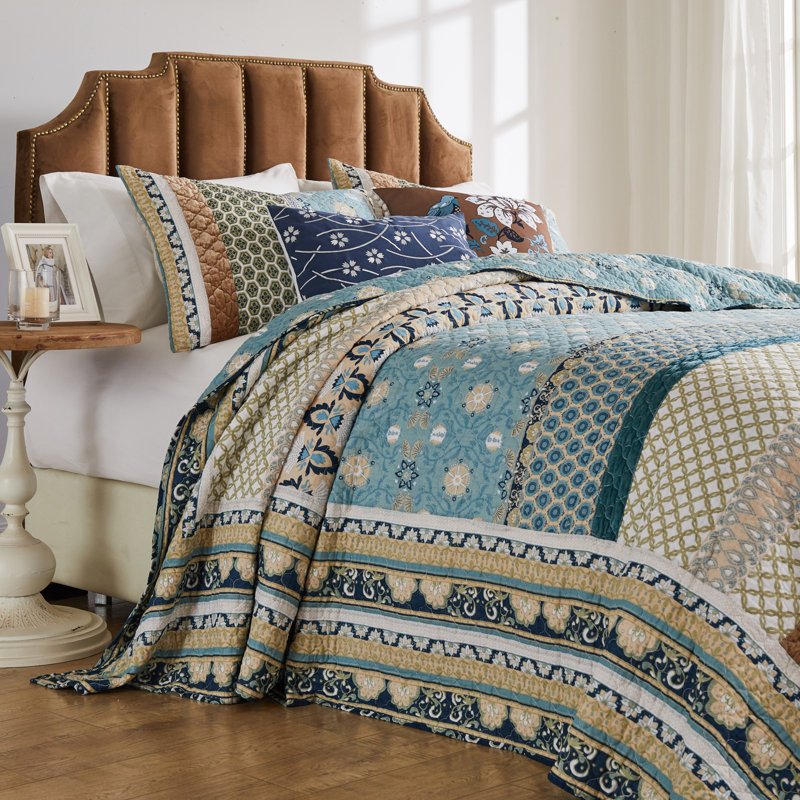 Thalia Blue and Brown Cotton King Reversible Bedspread Set