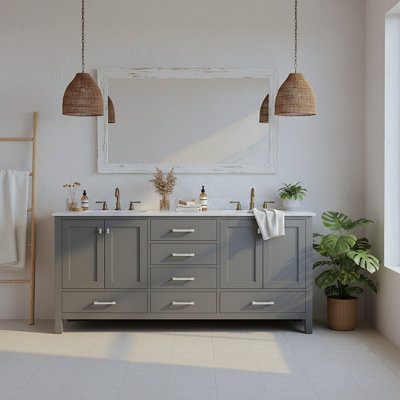 Meuble-lavabo 72 po, meuble-lavabo avec cadre en bois massif, comptoir autoportant avec 2 lavabos gris