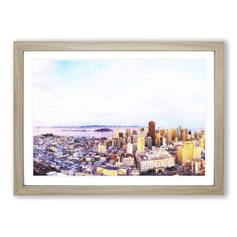 San Francisco Under a Pink Sky - Picture Frame Painting Print, Oak Framed, 24cm H x 33cm W x 2cm D