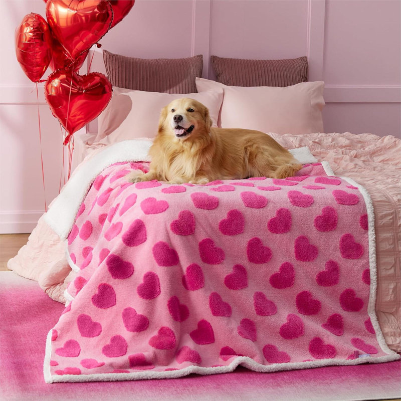 Couverture imperméable pour chiots pour grands chiens - couvertures lavables pour chien à double face avec jacquard chaud et molleton Sherpa doux, couverture pour chat pour la protection du lit, motif à motif d'amour, rose