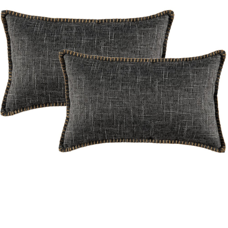 Ensemble de 2 coussins en lin à garniture décorative (inséré inclus), H 14 po x l 20 po, Rectangulaire, Noir