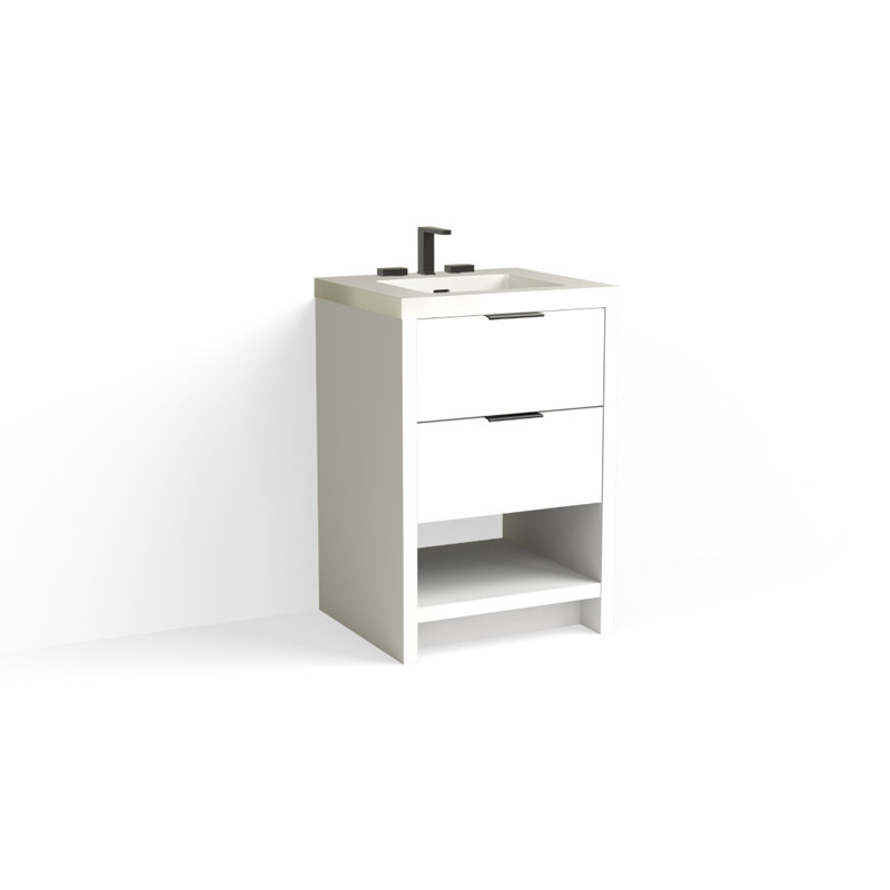 Vue 24" W Freestanding Single Bathroom Vanity, Glossy White/8" Widespread, White Nanomatte, Matte Black