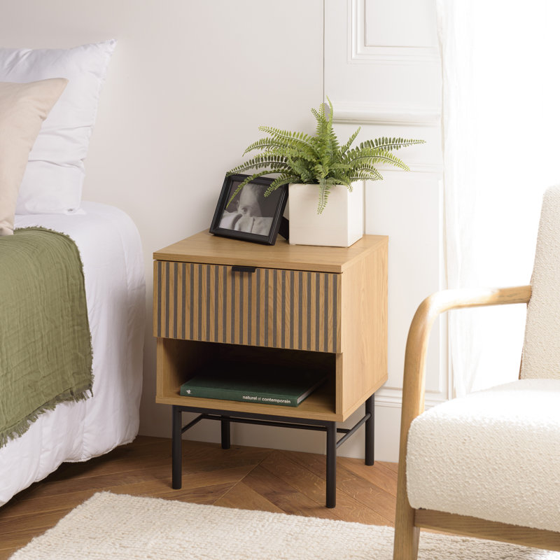 Bedside Table With 1 Drawer In Black And Natural Grooved Wood Effect