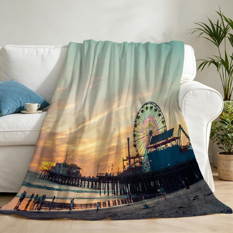 Jeté en flanelle transparente molletonnée, impression sur une face de Santa Pier Sunset Beach, Throw 50" x 60"