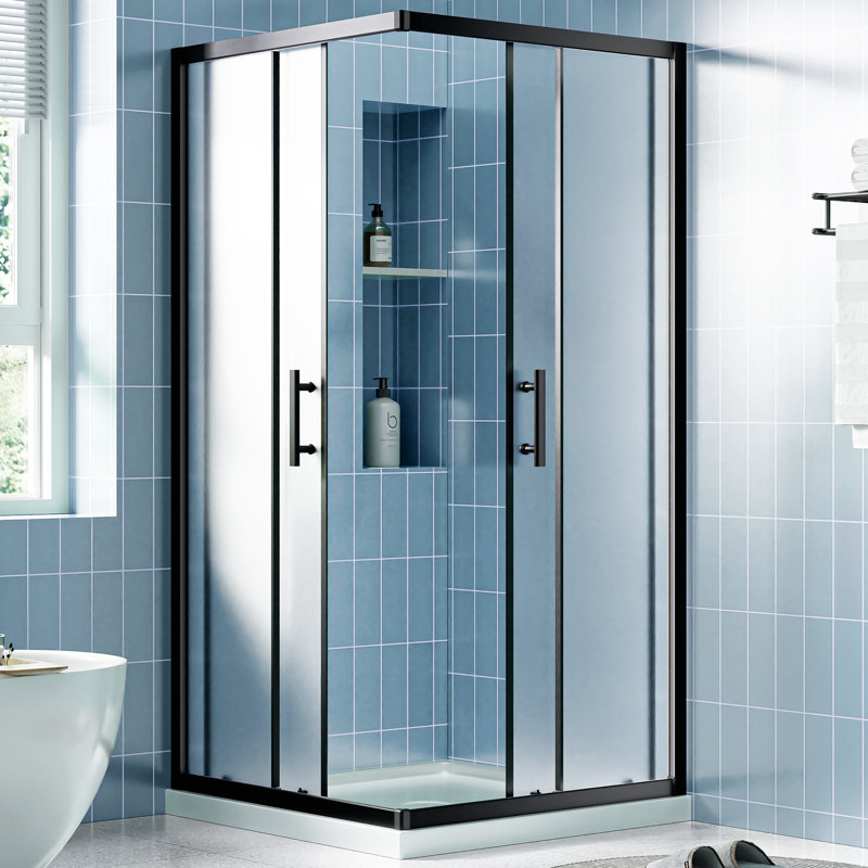 Cabine de douche d'angle 36 po x 36 po x 72 po avec portes coulissantes doubles, verre trempé givré de 1/4 po avec film de sécurité, largeur réglable et conception imperméable, noir mat