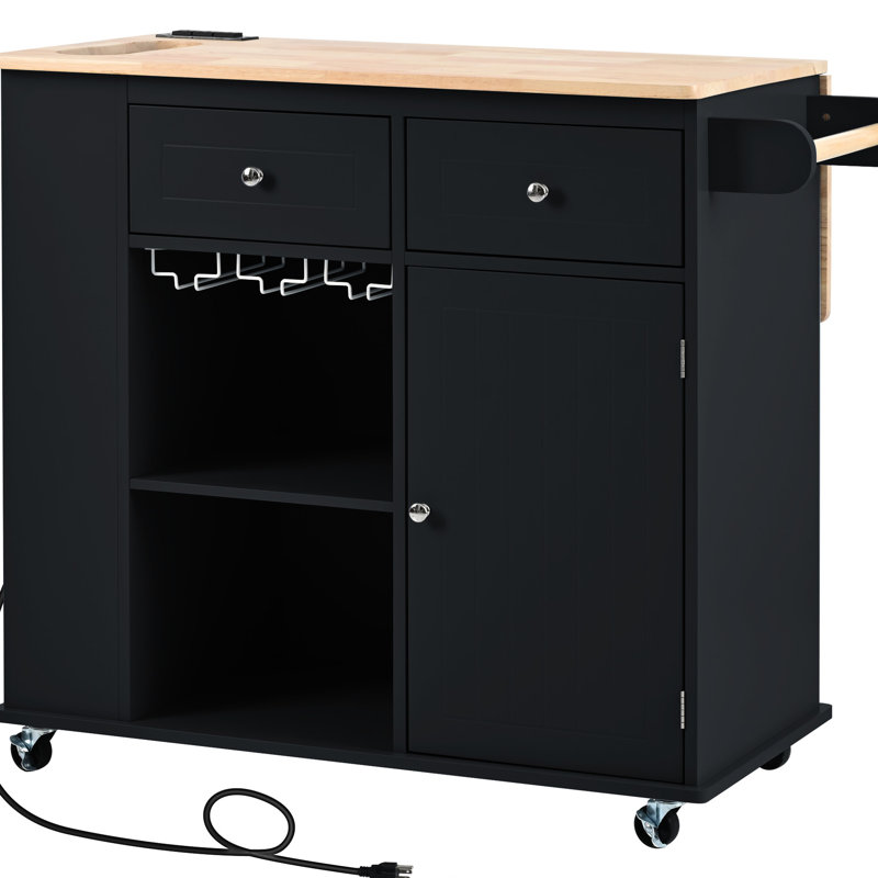 Black Kitchen Island With Power Socket And Foldable Leaf. Spacious Storage, Wine Glass Holder. Easy To Clean Maintain Storage Cart . Drop Leaf, Stand, Convenient