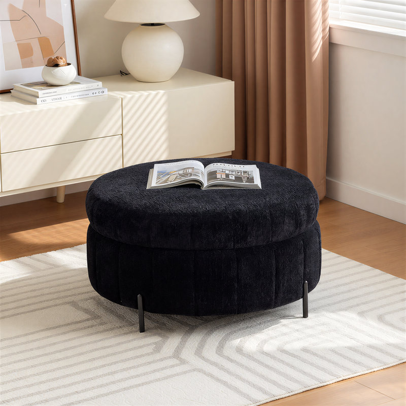 31" W Round Storage Ottoman With Reversible Lid, Black