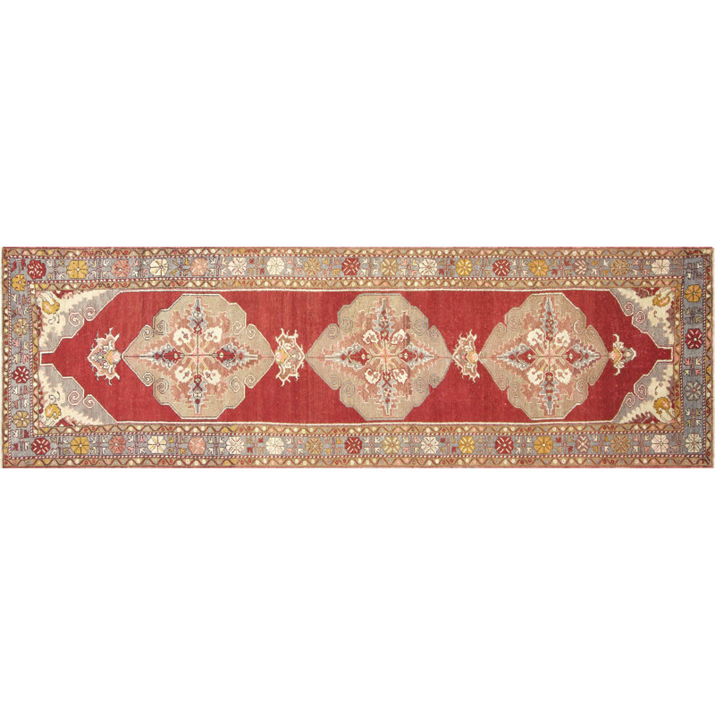 Tapis de couloir unique en laine noué à la main de style années 1960 de 3 pi 5 po x 11 pi 2 po rouge / beige
