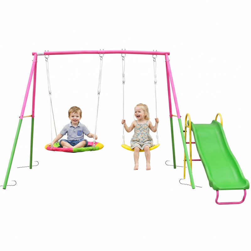 XNS107 - Ensemble de deux balançoires avec glissade bleu et rose pour aire de jeux extérieure pour enfants