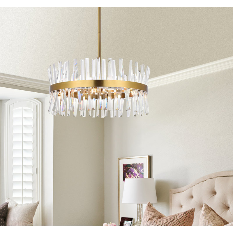 Luminaire suspendu rond en cristal Athol 12 pouces noir, L 25 po, Or satiné, 14 Lights