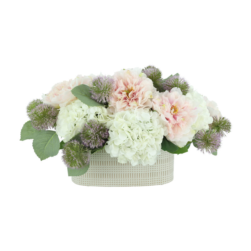 Peonies with Hydrangeas and Thistle in Ceramic Vase